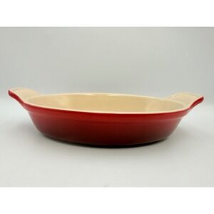 Le Creuset Red Stoneware Oval Au Gratin Dish 13-24 Scalloped Handles 8.5 inch